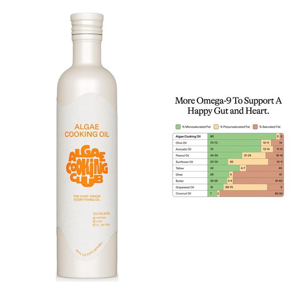 Algae Cooking Club oil bottle with nutrition label