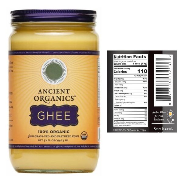 Ancient Organics Ghee with nutrition label