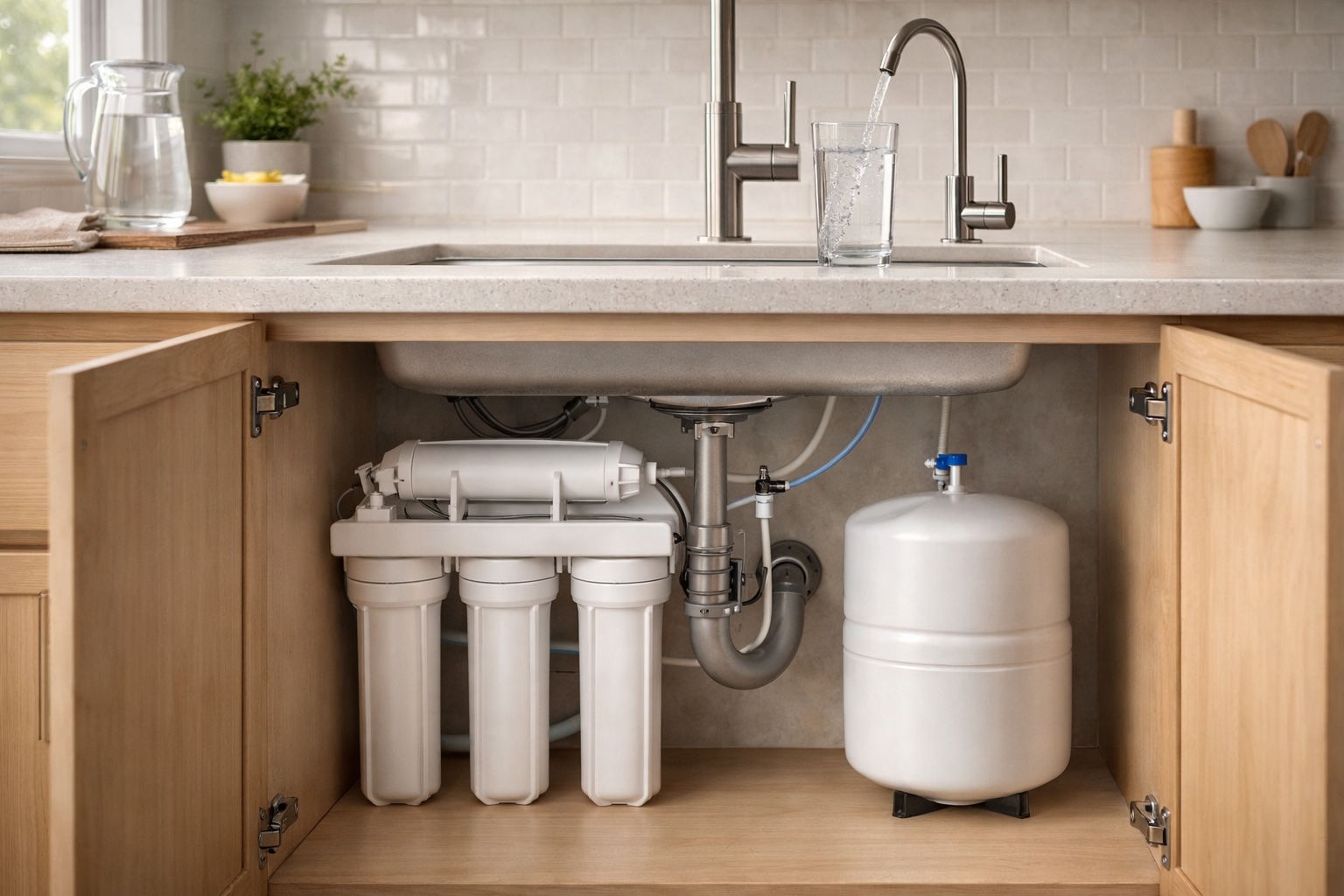 Reverse osmosis water filter system installed under kitchen sink with storage tank