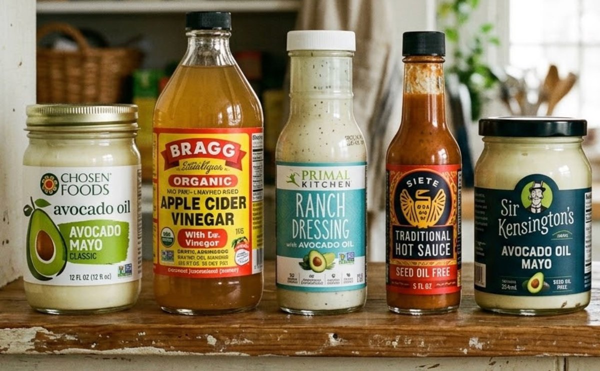 Lineup of seed oil free condiments on a wooden shelf: Chosen Foods avocado mayo, Bragg organic apple cider vinegar, Primal Kitchen ranch dressing, Siete traditional hot sauce, and Sir Kensington avocado oil mayo