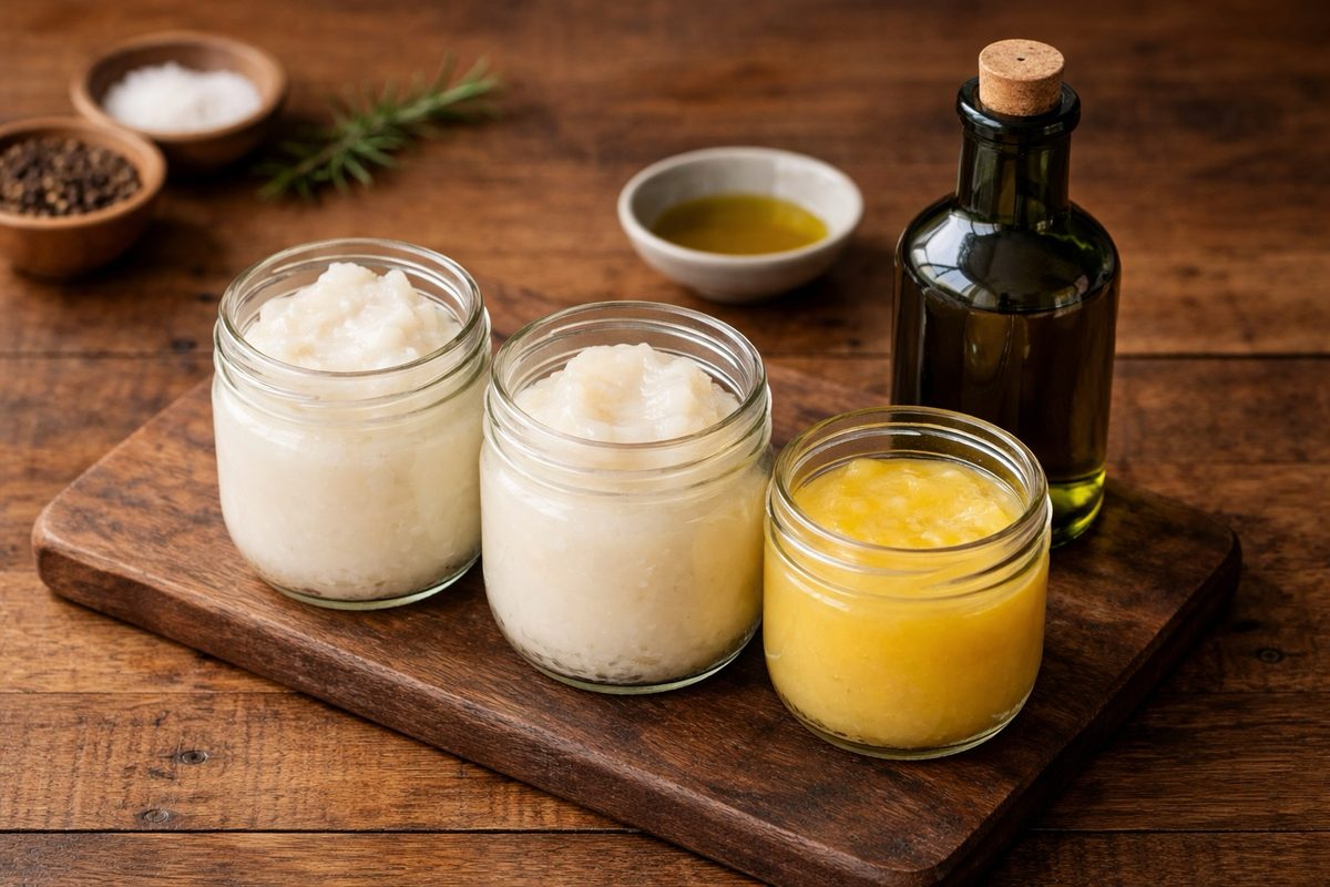 Collection of seed oil free cooking fats including tallow, lard, ghee and olive oil on a wooden cutting board