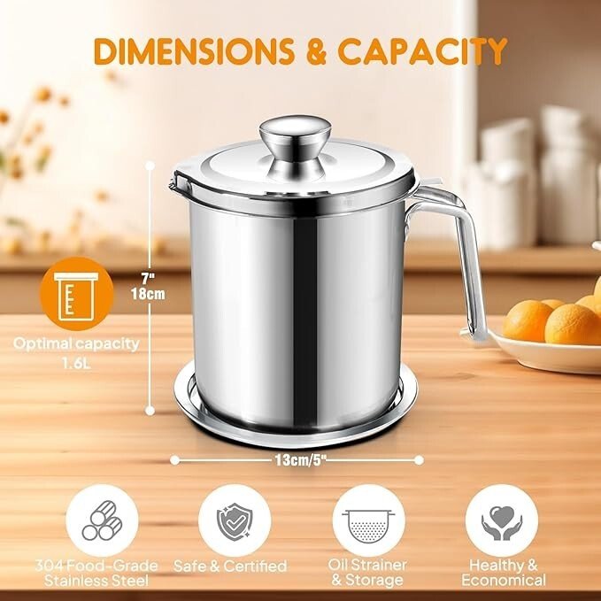 Chihee 2L 68oz stainless steel grease container with strainer