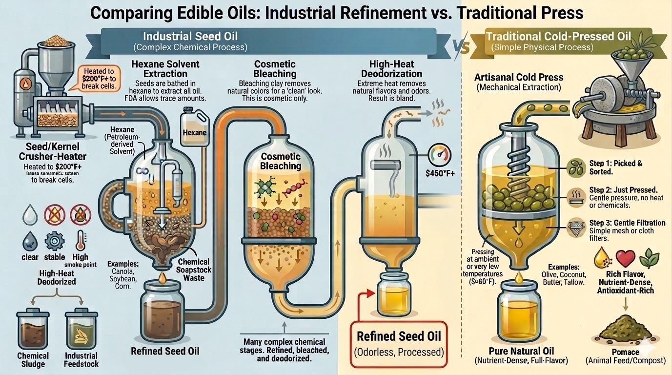 Comparing Edible Oils: Industrial Seed Oil Refinement vs Traditional Cold Press