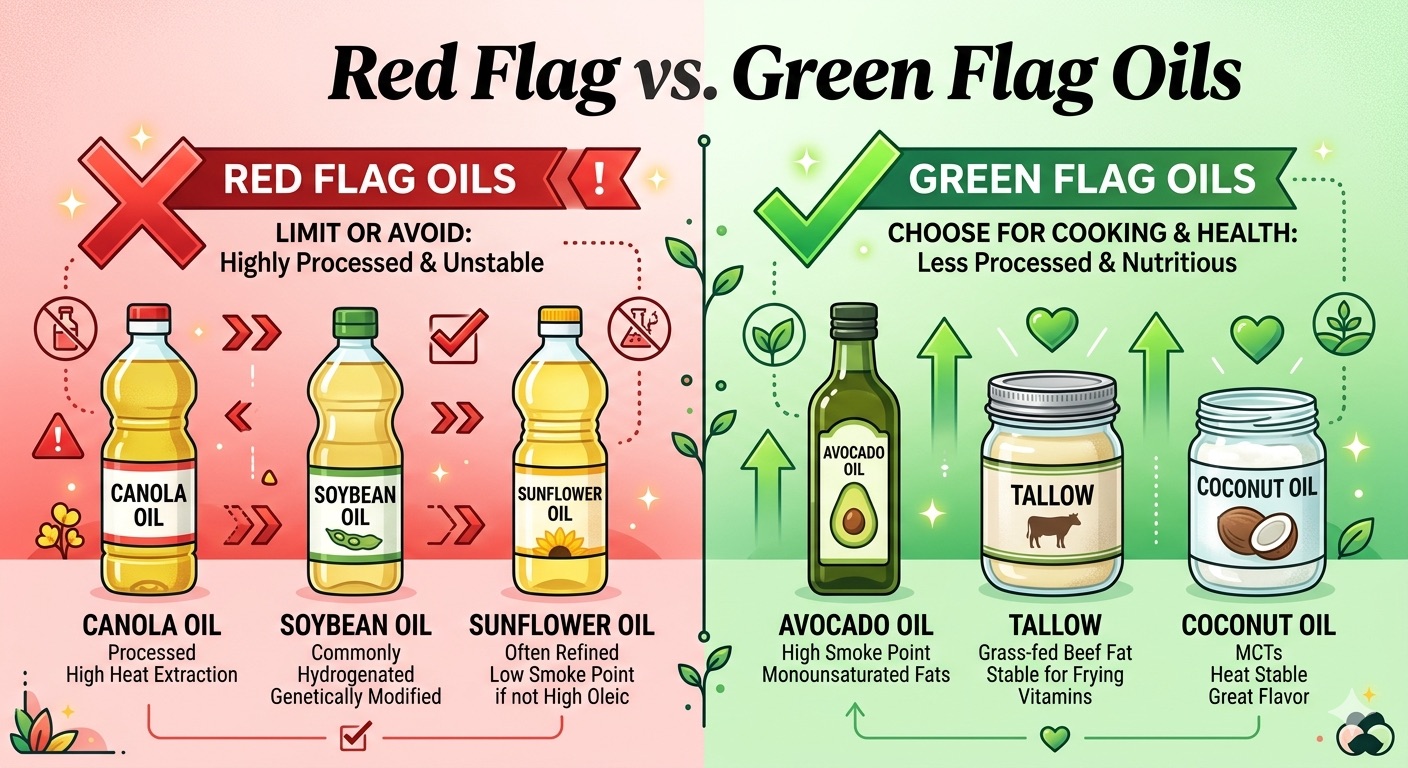 Good oils vs bad oils comparison: avoid canola, rapeseed, sunflower, and soybean. Choose avocado oil, coconut oil, and olive oil instead.