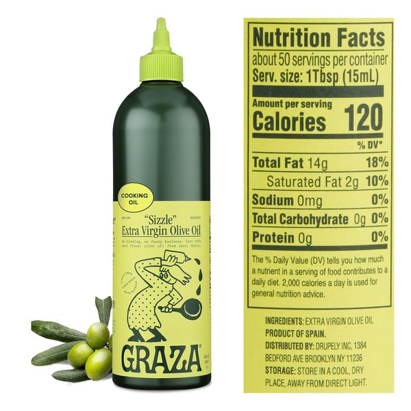Graza Sizzle Extra Virgin Olive Oil bottle with nutrition label
