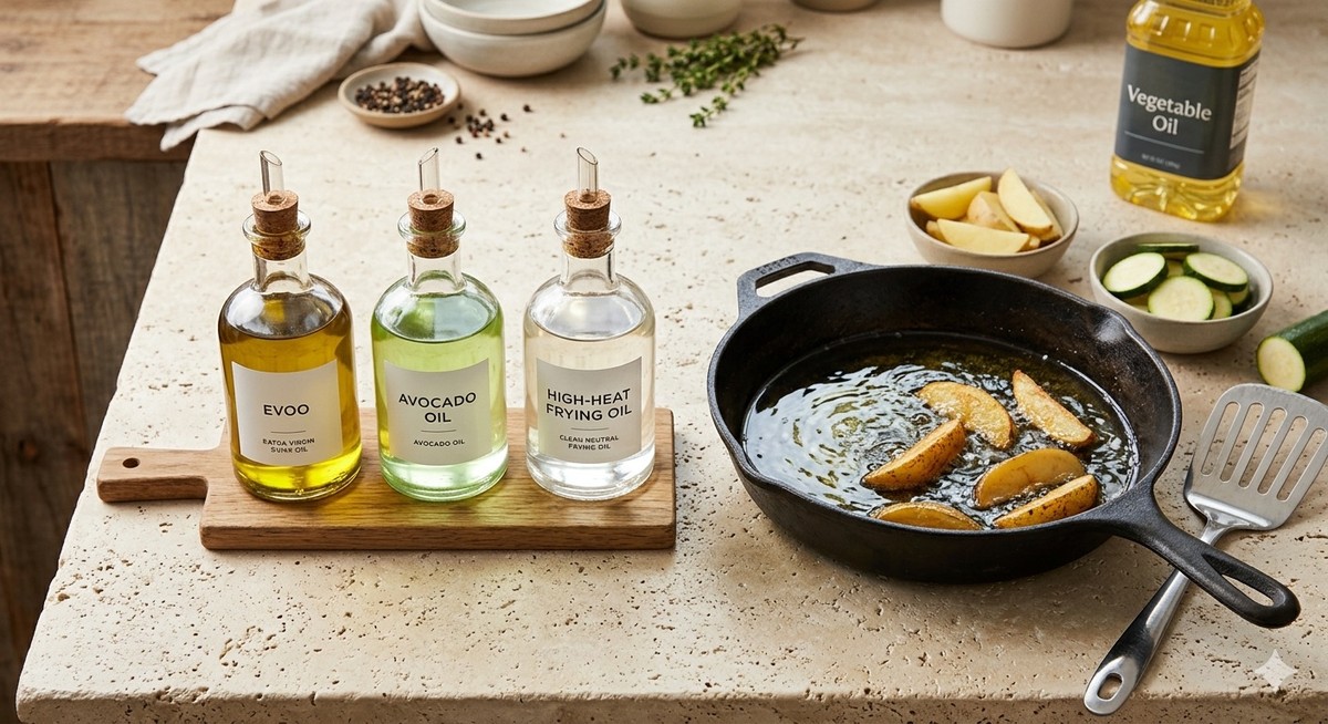 The healthiest oils for frying laid out on a kitchen counter