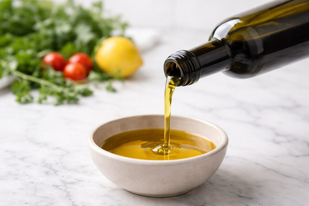 Golden extra virgin olive oil being poured from a dark bottle into a ceramic bowl with fresh herbs