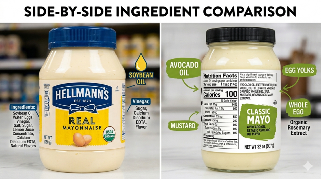 Side-by-side ingredient comparison of Hellmanns mayo vs Chosen Foods avocado oil mayo