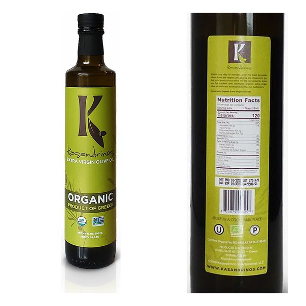Kasandrinos Extra Virgin Olive Oil bottle with nutrition label