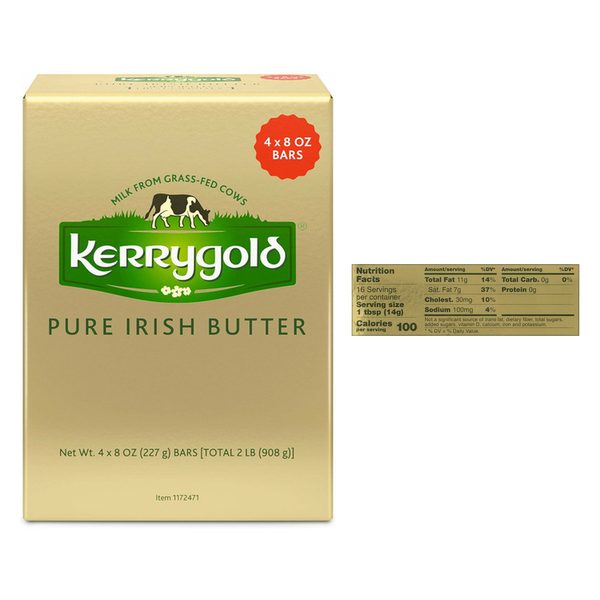Kerrygold Pure Irish Grass-Fed Butter with nutrition label