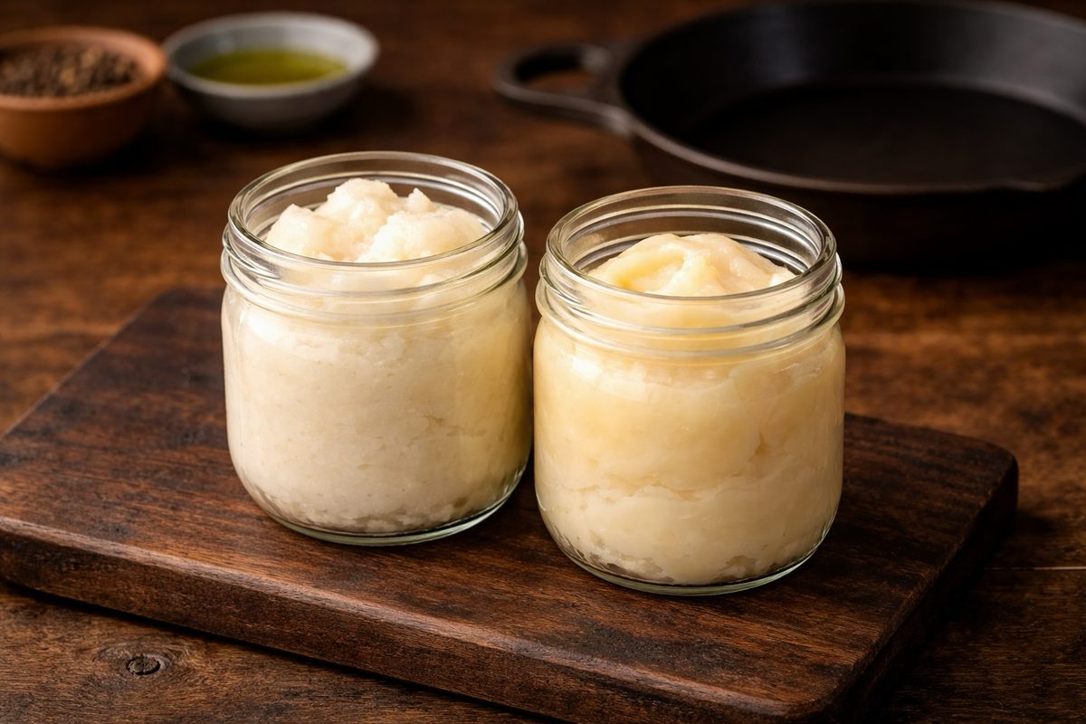 Two glass jars of beef tallow and pork lard side by side on a wooden cutting board with cast iron skillet