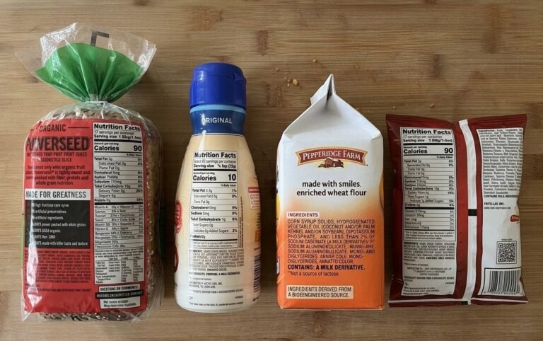 Common kitchen products like bread, coffee creamer, and oat milk flipped to show seed oils on the ingredient labels