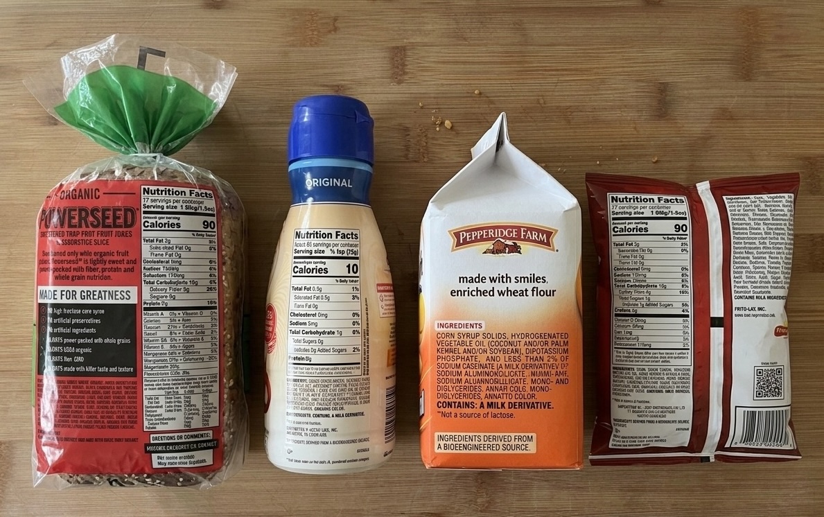 Common kitchen products like bread, coffee creamer, and oat milk flipped to show seed oils on the ingredient labels