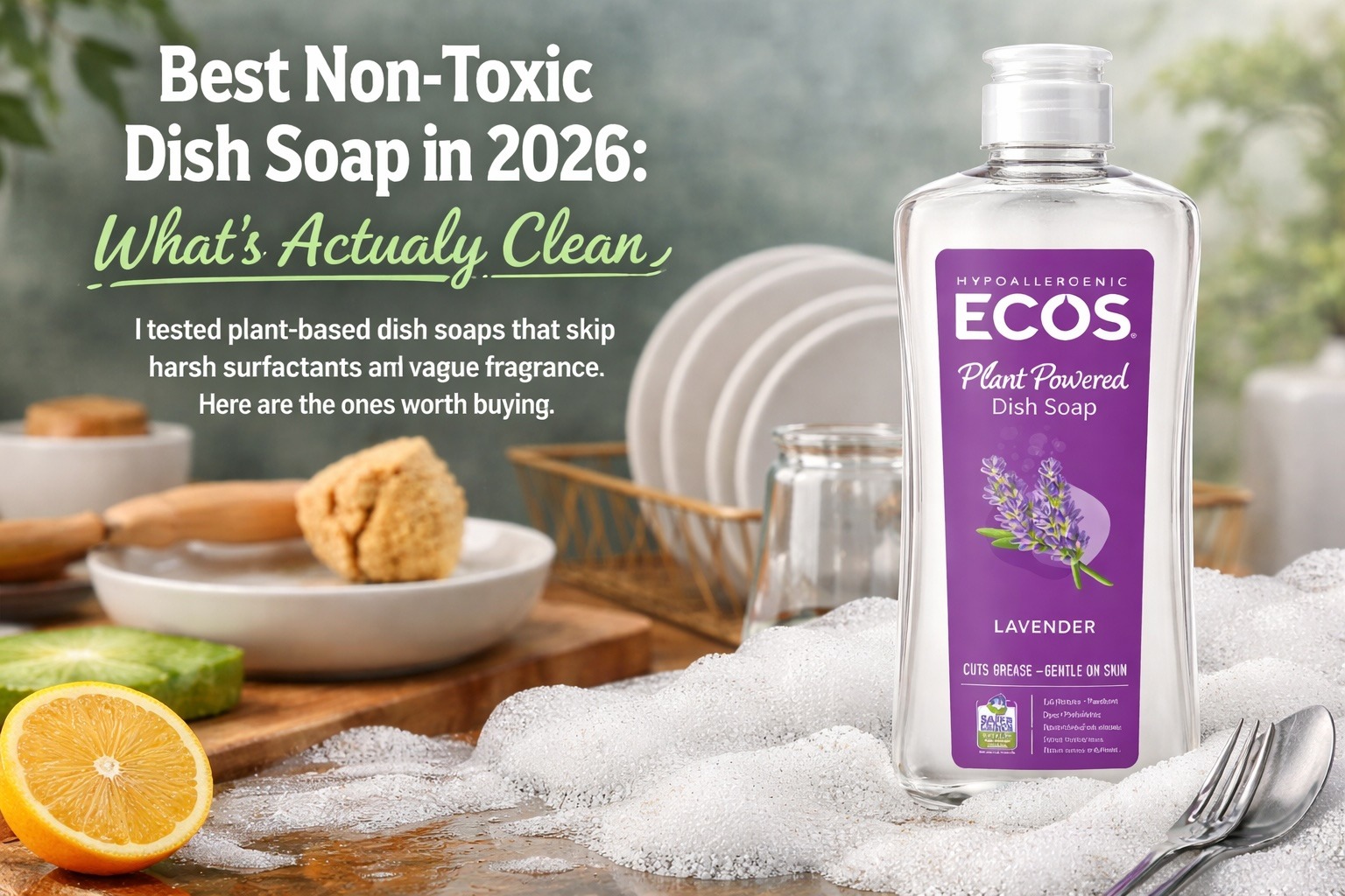 Plant-based dish soaps lined up on a kitchen counter next to a clean sink