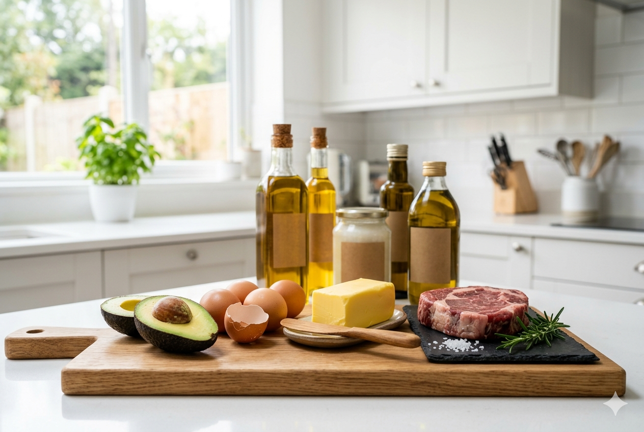 Kitchen counter with olive oil bottles, butter, avocado, eggs, and steak on a wooden cutting board
