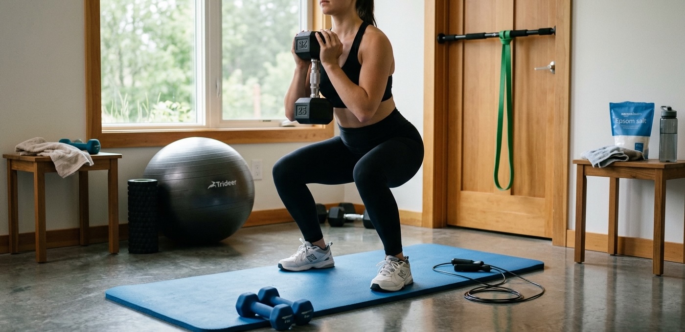 Woman doing dumbbell goblet squat at home with yoga mat, stability ball, foam roller, jump rope, Epsom salt and pull-up bar