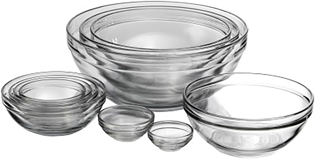 Anchor Hocking ten piece nested glass mixing bowl set in graduated sizes from one ounce to three and a half quarts