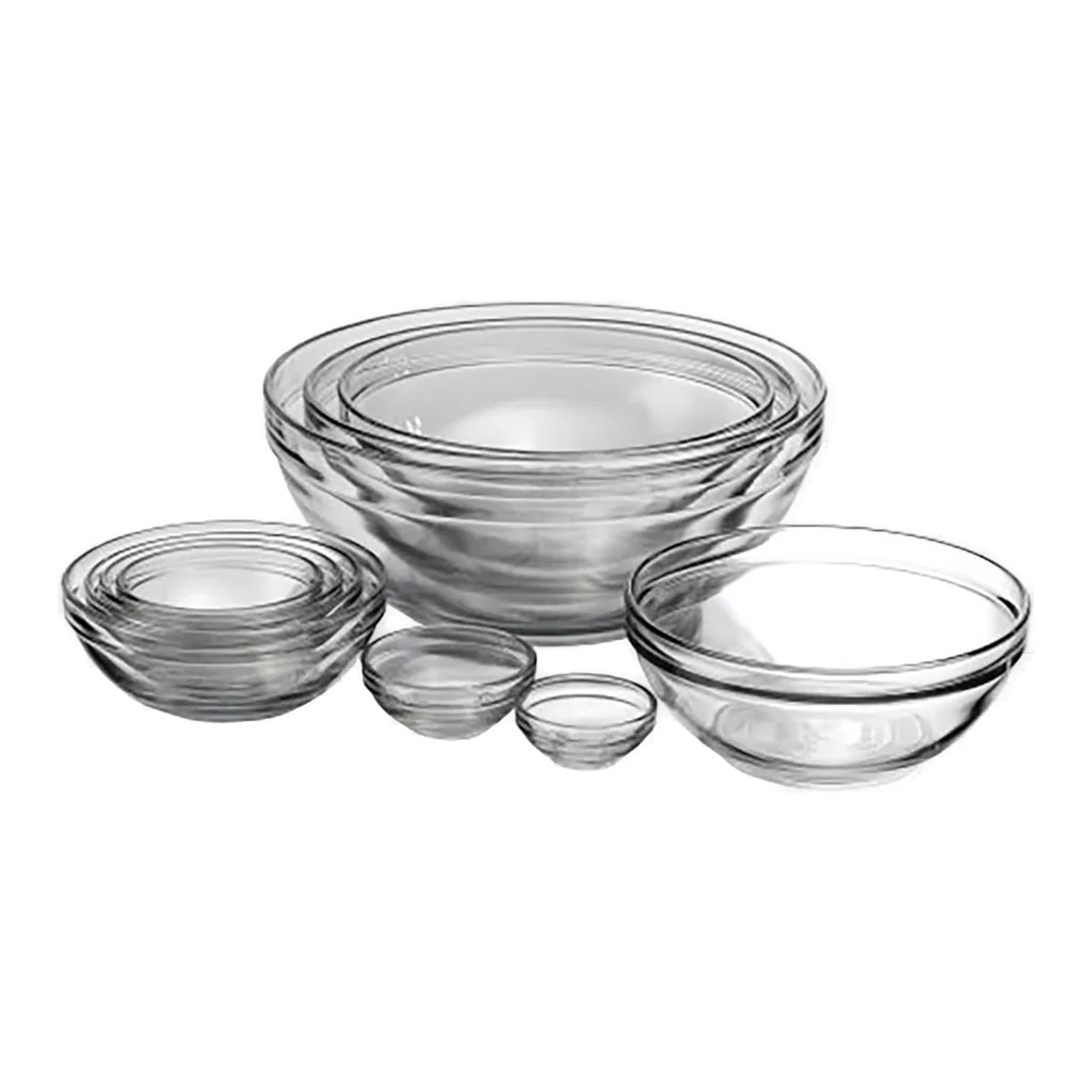 Anchor Hocking ten piece nested glass mixing bowl set in graduated sizes from one ounce to three and a half quarts