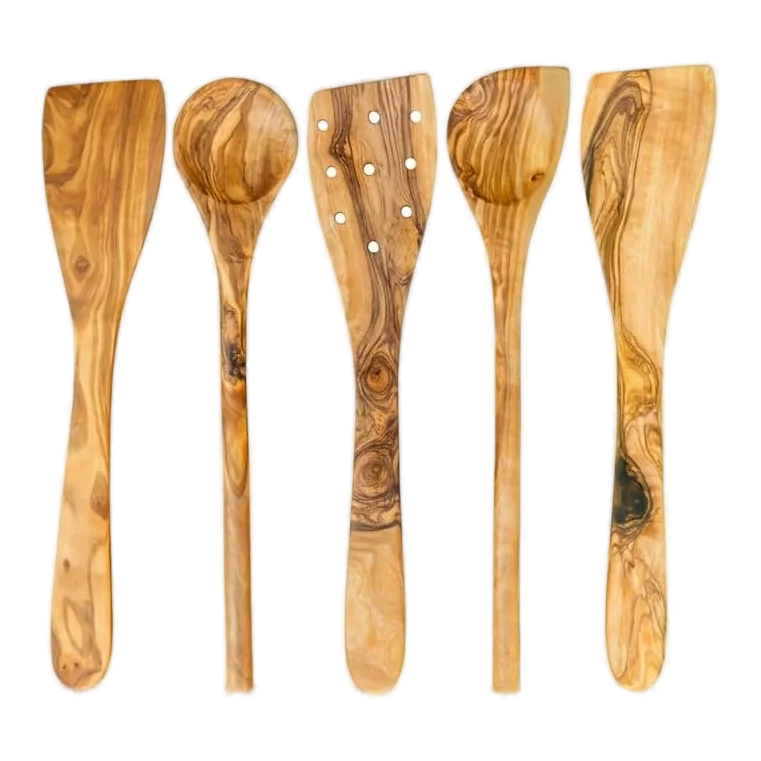 Tramanto five piece olive wood cooking utensil set, spatulas and spoons, 12 inch long