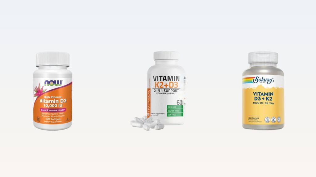 NOW, Bronson and Solaray vitamin D3 and K2 supplement bottles