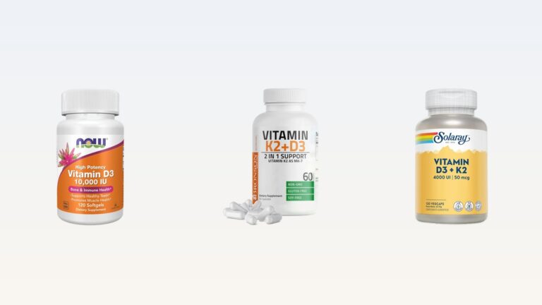 NOW, Bronson and Solaray vitamin D3 and K2 supplement bottles