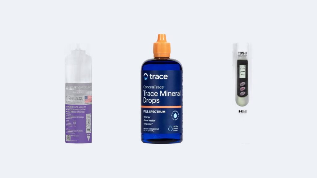 APEC pH+ alkaline filter cartridge, Trace Minerals ConcenTrace mineral drops and an HM Digital TDS-3 meter on a pale background