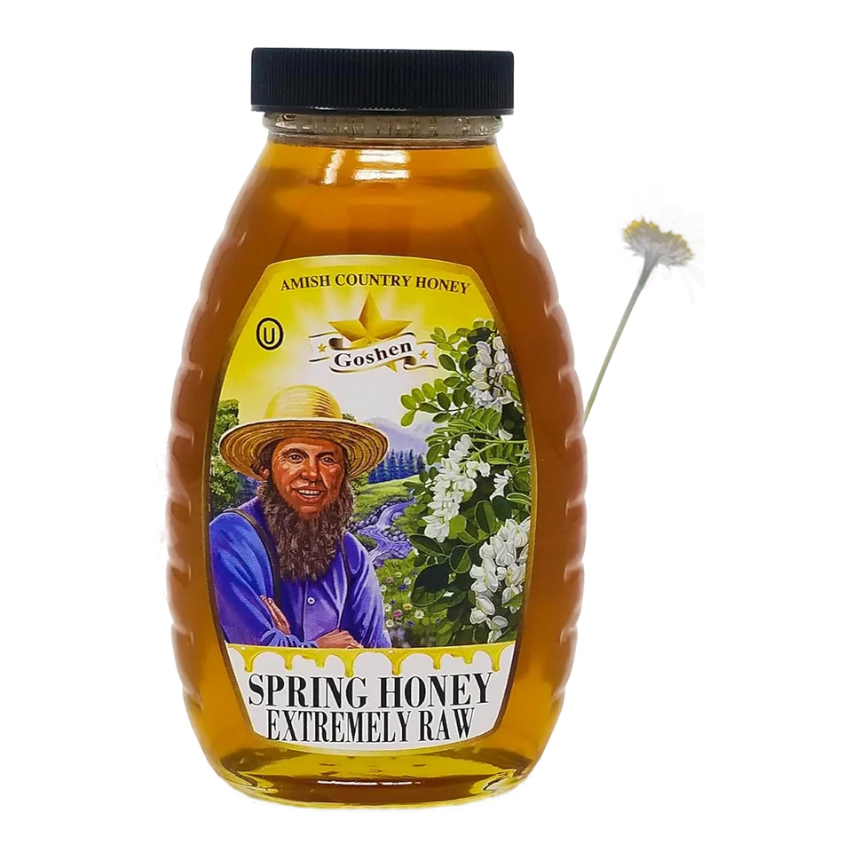 Goshen raw spring honey in a glass jar