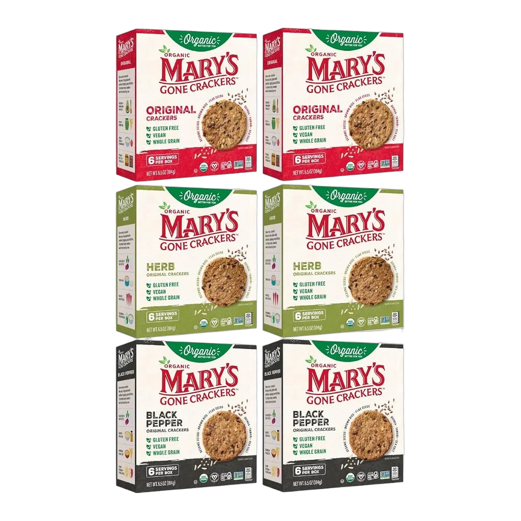 Six boxes of Mary's Gone Crackers in three flavors