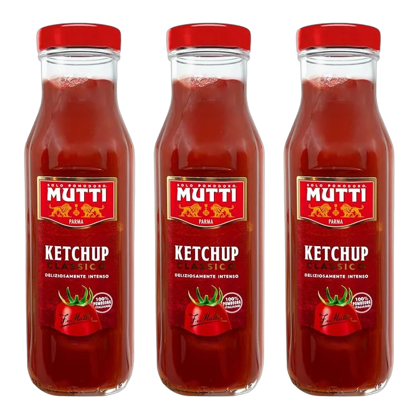 Three bottles of Mutti Italian tomato ketchup