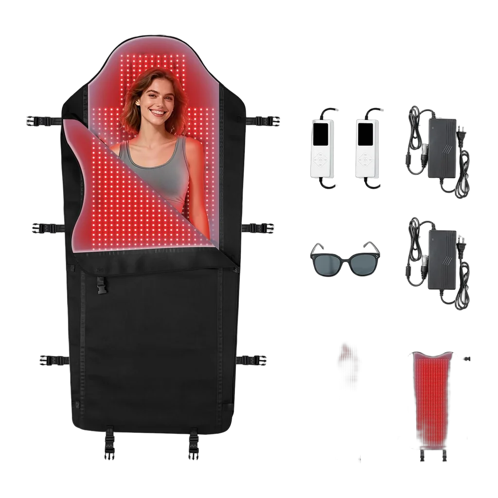 Full body red light therapy mat with 2704 LEDs in black leather