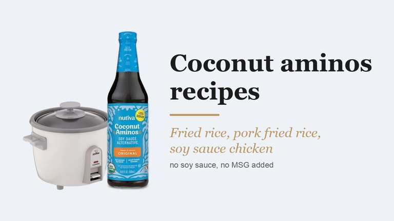 A rice cooker and a bottle of coconut aminos beside the words coconut aminos recipes